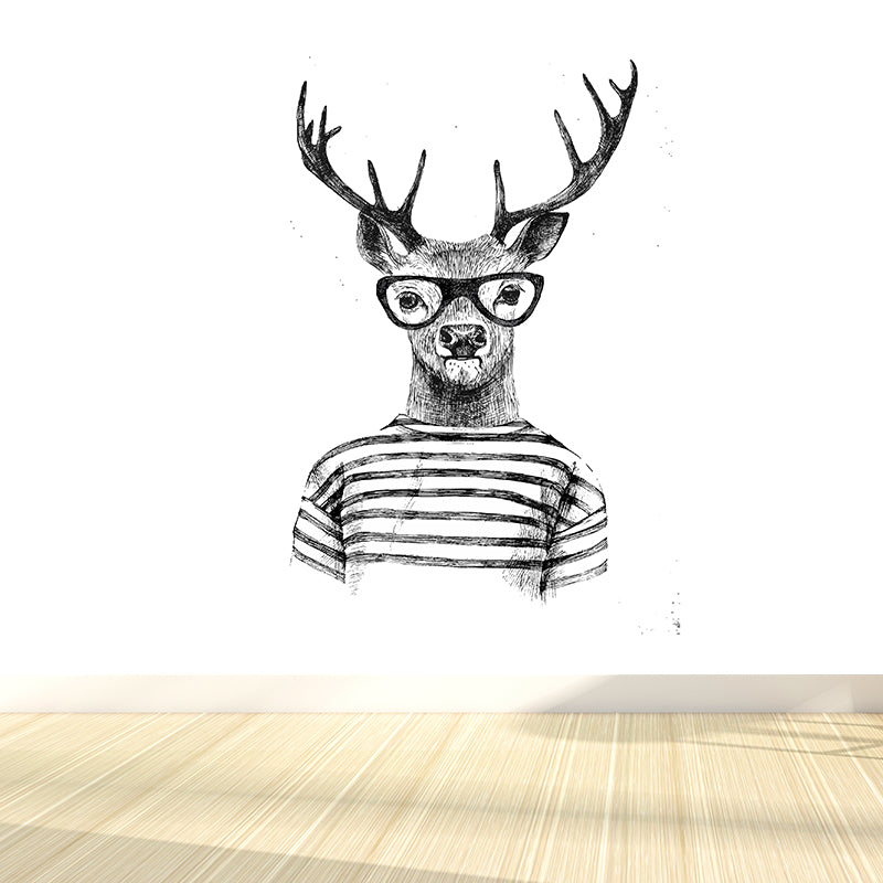 Nordic Animal Gentleman Mural Non-Woven Washable Pastel Wall Covering for Boys Room White Clearhalo 'Wall Decor' 'Wall Mural' 1864361