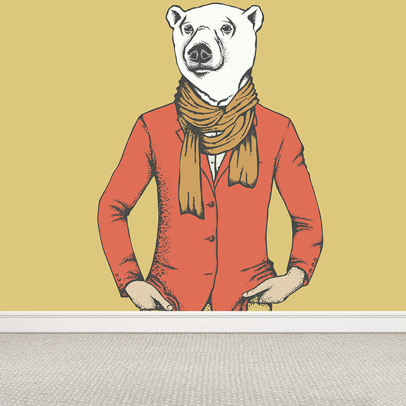 Nordic Animal Gentleman Mural Non-Woven Washable Pastel Wall Covering for Boys Room Yellow Clearhalo 'Wall Decor' 'Wall Mural' 1864366