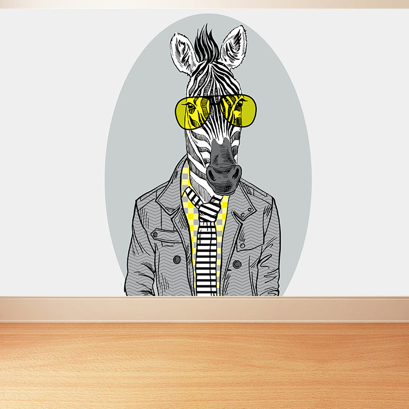 Nordic Animal Gentleman Mural Non-Woven Washable Pastel Wall Covering for Boys Room Grey Clearhalo 'Wall Decor' 'Wall Mural' 1864381