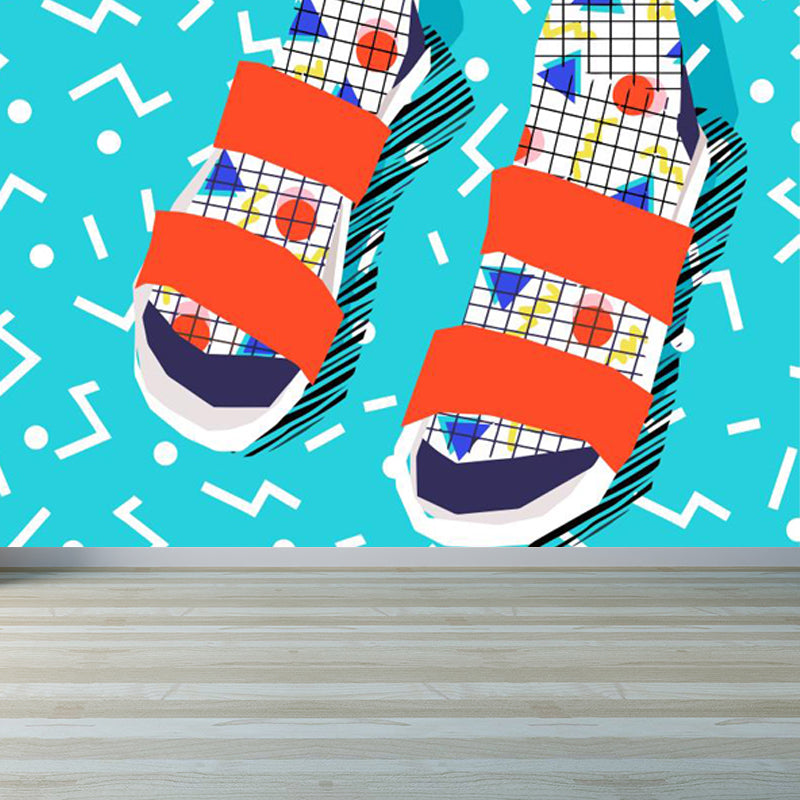 Full Size Illustration Modern Mural Wallpaper with Fashionable Shoes Graphic in Light Color Light Blue Clearhalo 'Wall Decor' 'Wall Mural' 1864496