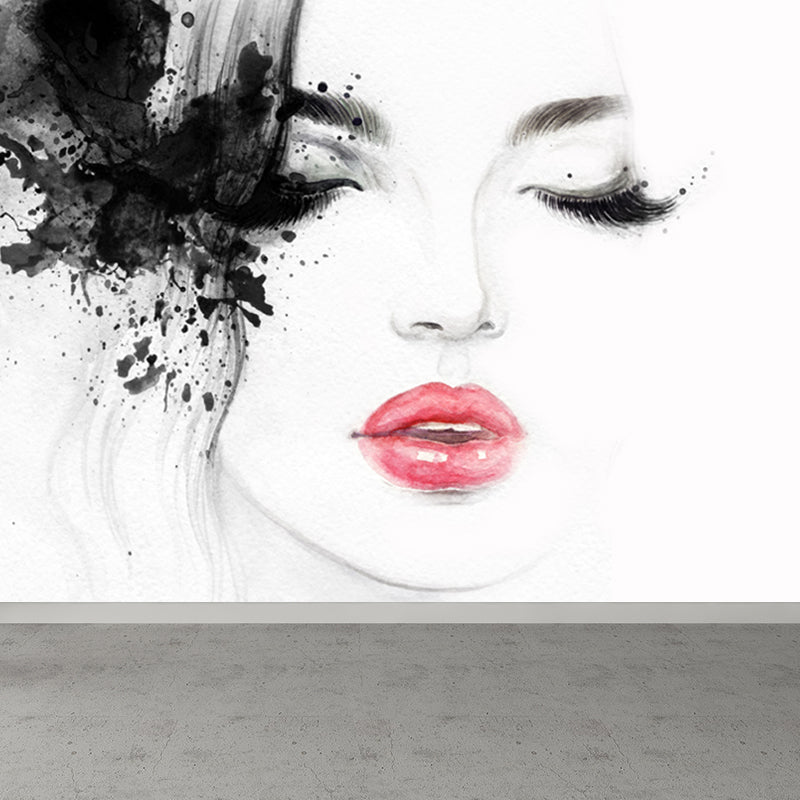 Fashion Maid Wall Mural for Dining Room Illustration Wall Covering, Custom Printed Black Clearhalo 'Wall Decor' 'Wall Mural' 1864576