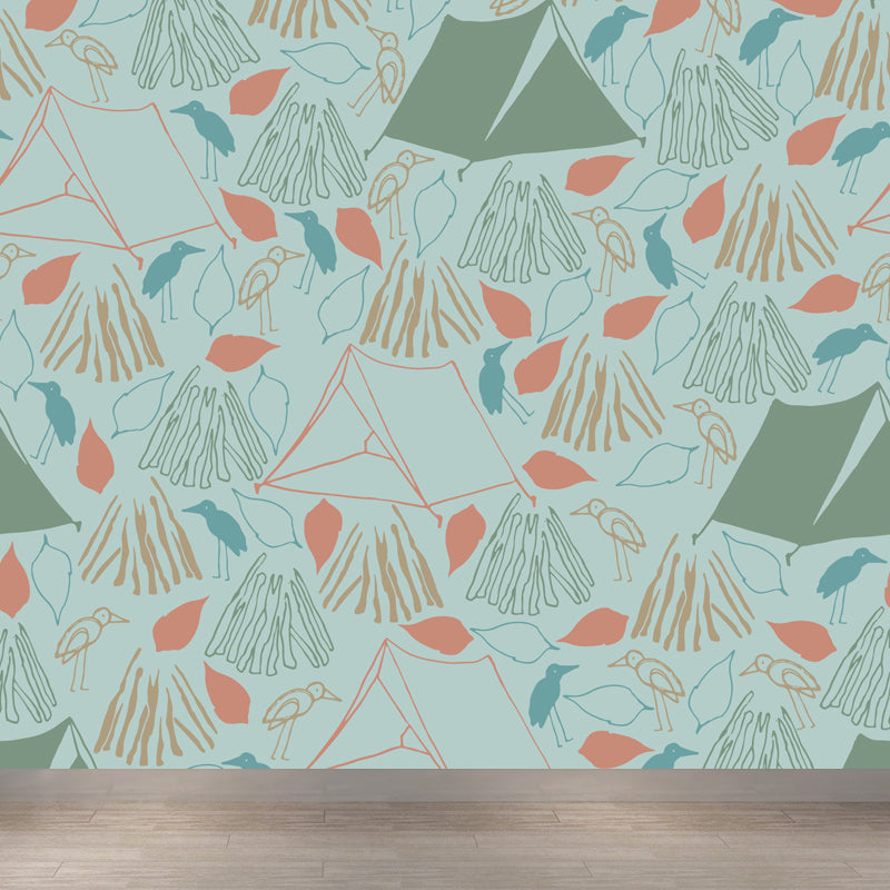 Kids Camping Patterned Mural Decal Soft Color Waterproofing Wall Art for Bedroom Light Green Clearhalo 'Wall Decor' 'Wall Mural' 1864891