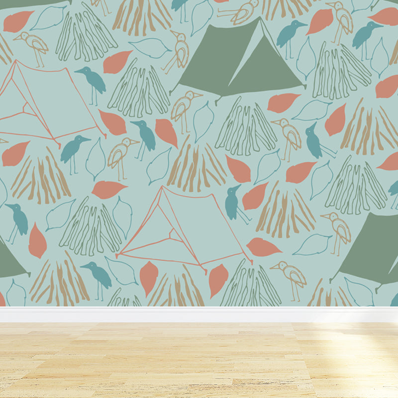 Kids Camping Patterned Mural Decal Soft Color Waterproofing Wall Art for Bedroom Clearhalo 'Wall Decor' 'Wall Mural' 1864893