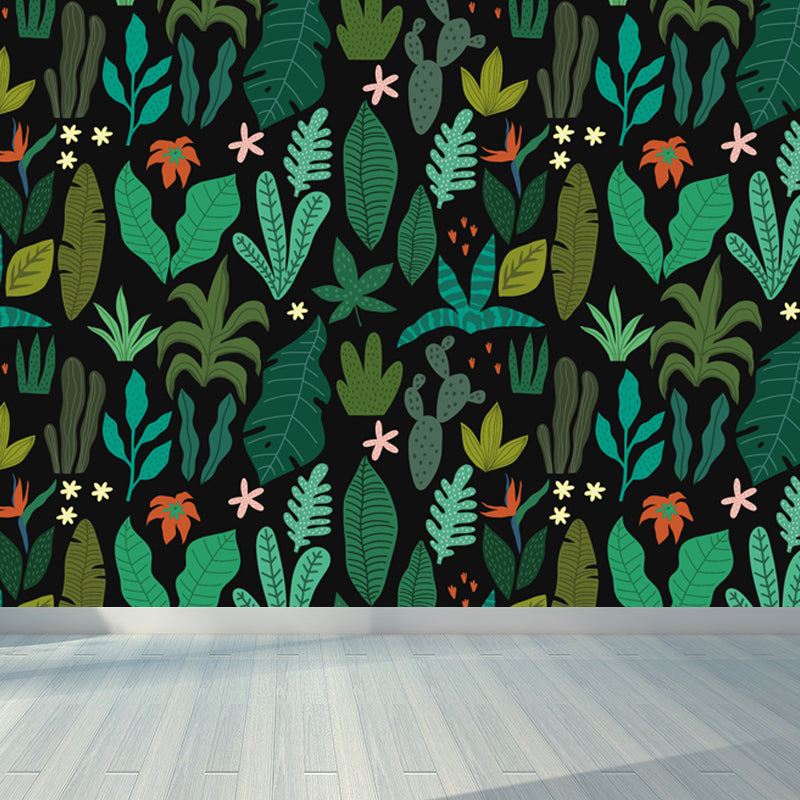 Leaves Print Mural Decals Tropical Non-Woven Textured Wall Covering in Pastel Color Blackish Green Clearhalo 'Wall Decor' 'Wall Mural' 1864951