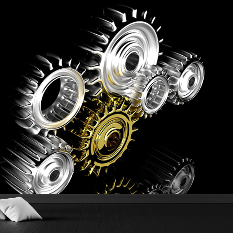 Metal Gear Mural Wallpaper Dark Color Contemporary Wall Covering for Boys Bedroom Black Clearhalo 'Wall Decor' 'Wall Mural' 1864977