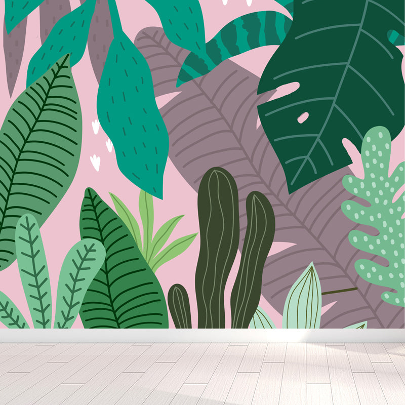 Botanical Print Mural Decal Tropical Non-Woven Textured Wall Covering in Soft Color Pink Clearhalo 'Wall Decor' 'Wall Mural' 1865002