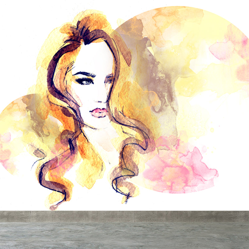 Stain Resistant Girl Pattern Mural Decal Non-Woven Fashion Wall Decor for Sitting Room Yellow Clearhalo 'Wall Decor' 'Wall Mural' 1865132