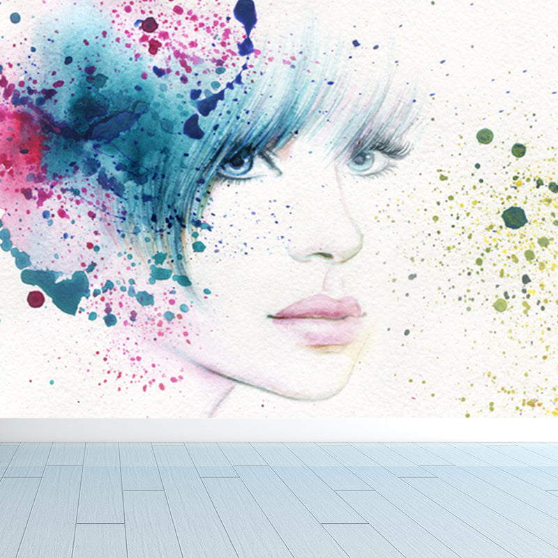 Stain Resistant Girl Pattern Mural Decal Non-Woven Fashion Wall Decor for Sitting Room Blue Clearhalo 'Wall Decor' 'Wall Mural' 1865137