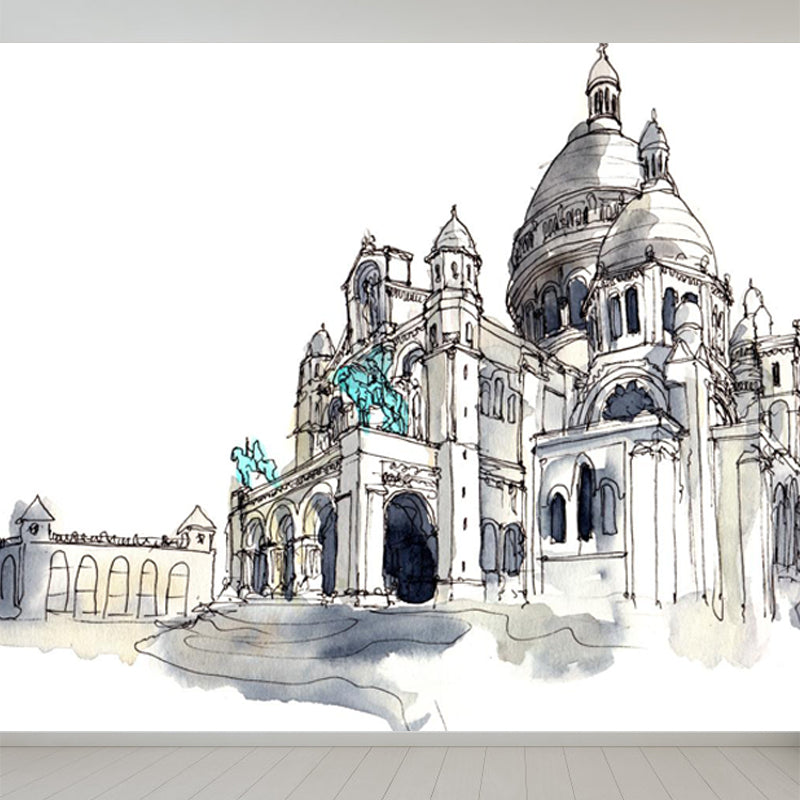 Stain Resistant Architecture View Mural Non-Woven Contemporary Wall Covering for Kitchen Light Gray Clearhalo 'Wall Decor' 'Wall Mural' 1865272