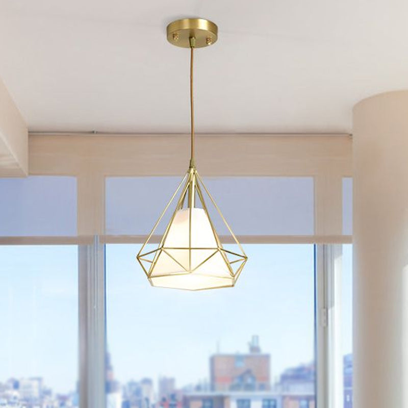 Brass Diamond Cage Pendant Lighting Simplicity 1 Head Metallic Ceiling Suspension Lamp with Inner Flaxen Fabric Shade Brass Clearhalo 'Ceiling Lights' 'Modern Pendants' 'Modern' 'Pendant Lights' 'Pendants' Lighting' 1865335