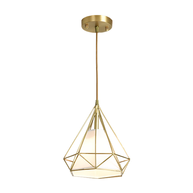 Brass Diamond Cage Pendant Lighting Simplicity 1 Head Metallic Ceiling Suspension Lamp with Inner Flaxen Fabric Shade Clearhalo 'Ceiling Lights' 'Modern Pendants' 'Modern' 'Pendant Lights' 'Pendants' Lighting' 1865336