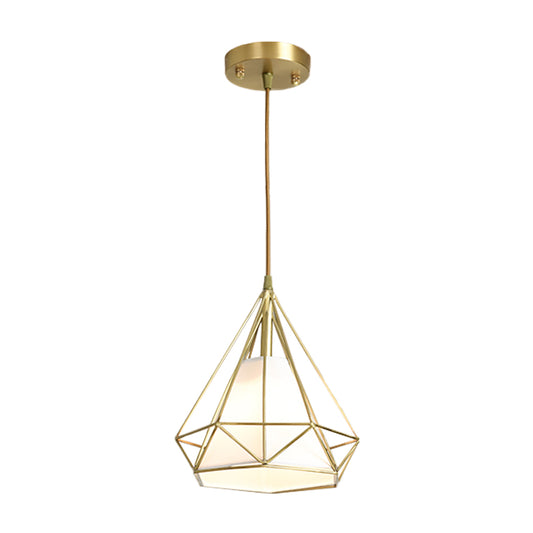 Brass Diamond Cage Pendant Lighting Simplicity 1 Head Metallic Ceiling Suspension Lamp with Inner Flaxen Fabric Shade Clearhalo 'Ceiling Lights' 'Modern Pendants' 'Modern' 'Pendant Lights' 'Pendants' Lighting' 1865336