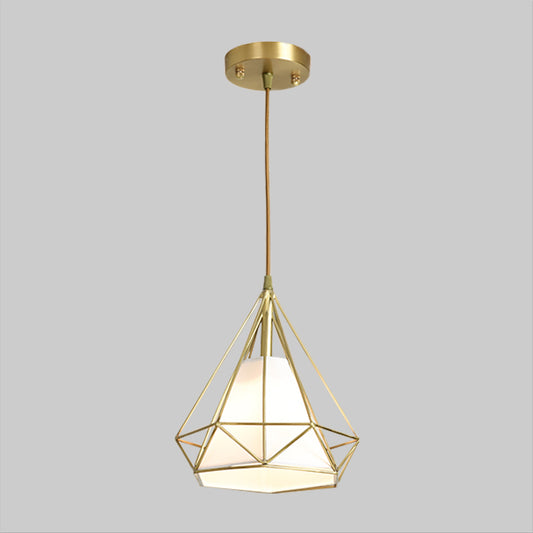 Brass Diamond Cage Pendant Lighting Simplicity 1 Head Metallic Ceiling Suspension Lamp with Inner Flaxen Fabric Shade Clearhalo 'Ceiling Lights' 'Modern Pendants' 'Modern' 'Pendant Lights' 'Pendants' Lighting' 1865337