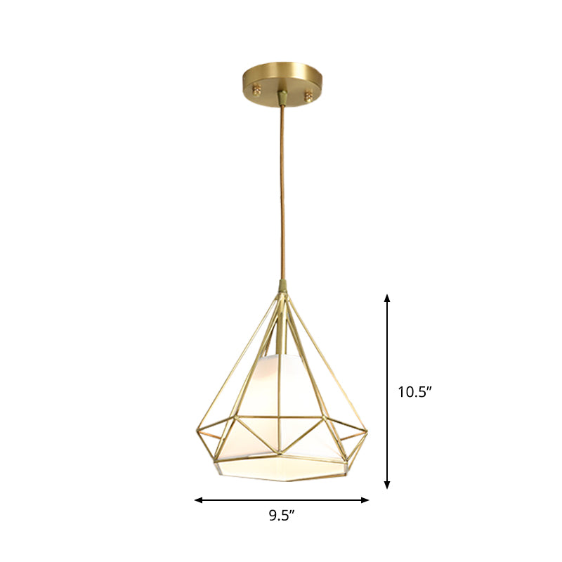 Brass Diamond Cage Pendant Lighting Simplicity 1 Head Metallic Ceiling Suspension Lamp with Inner Flaxen Fabric Shade Clearhalo 'Ceiling Lights' 'Modern Pendants' 'Modern' 'Pendant Lights' 'Pendants' Lighting' 1865338