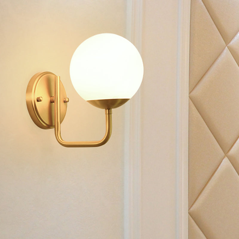 Single Head Corridor Wall Lighting Simple Gold Wall Light Sconce with Global White Glass Shade Gold Clearhalo 'Cast Iron' 'Glass' 'Industrial' 'Modern wall lights' 'Modern' 'Tiffany' 'Traditional wall lights' 'Wall Lamps & Sconces' 'Wall Lights' Lighting' 1865379