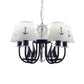 Metallic Arched Arm Pendant Ceiling Light Kids 5/6 Bulbs Blue Hanging Chandelier with Tapered White Fabric Shade Clearhalo 'Ceiling Lights' 'Chandeliers' Lighting' options 1865384