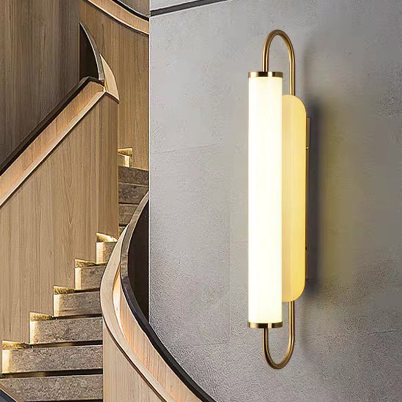 Oval Frame Wall Light Fixture Modern Metal LED Brass Wall Mounted Lamp with Tubular Opal Glass Shade Brass Clearhalo 'Cast Iron' 'Glass' 'Industrial' 'Modern wall lights' 'Modern' 'Tiffany' 'Traditional wall lights' 'Wall Lamps & Sconces' 'Wall Lights' Lighting' 1865441