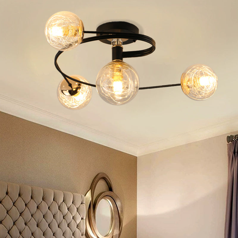 Orb Shade Ceiling Light Fixture Simplicity Transparent Glass 4 Bulbs Black Semi Flush Mount Black Clearhalo 'Ceiling Lights' 'Close To Ceiling Lights' 'Close to ceiling' 'Glass shade' 'Glass' 'Semi-flushmount' Lighting' 1865513