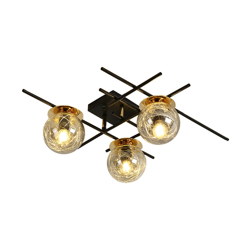 Minimal 3 Heads Semi Flush Light with Clear/Smoke Gray Glass Shade Black Ball Close to Ceiling Lamp for Bedchamber Clearhalo 'Ceiling Lights' 'Close To Ceiling Lights' 'Close to ceiling' 'Glass shade' 'Glass' 'Island Lights' 'Semi-flushmount' Lighting' 1865602