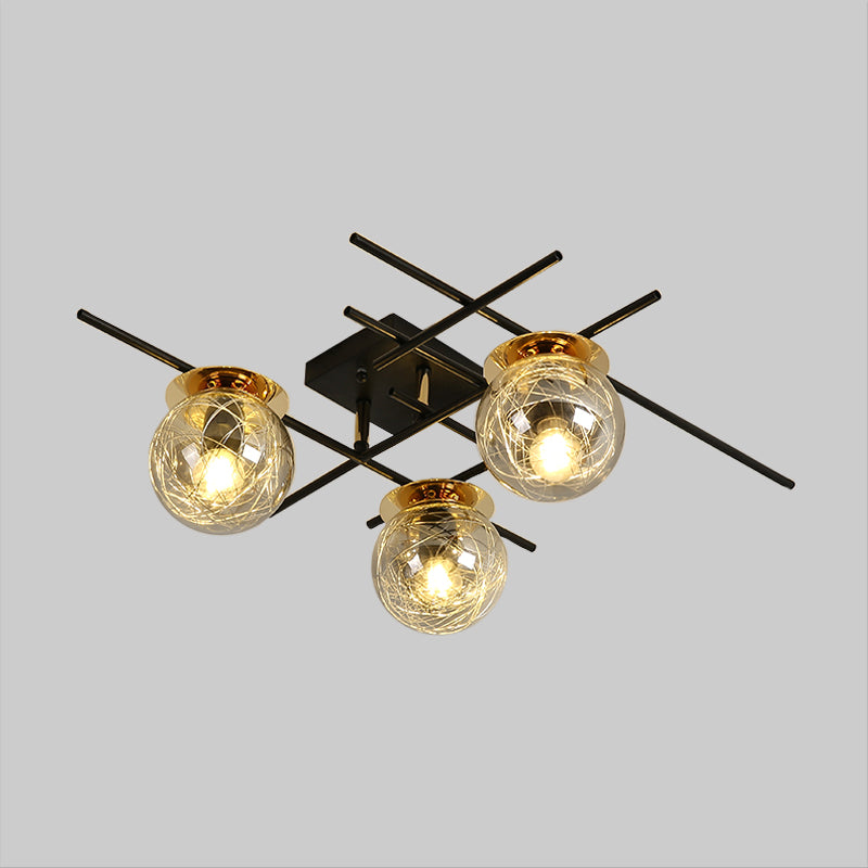 Minimal 3 Heads Semi Flush Light with Clear/Smoke Gray Glass Shade Black Ball Close to Ceiling Lamp for Bedchamber Clearhalo 'Ceiling Lights' 'Close To Ceiling Lights' 'Close to ceiling' 'Glass shade' 'Glass' 'Island Lights' 'Semi-flushmount' Lighting' 1865603