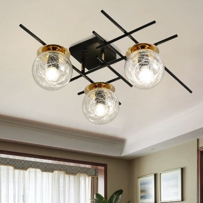 Minimal 3 Heads Semi Flush Light with Clear/Smoke Gray Glass Shade Black Ball Close to Ceiling Lamp for Bedchamber Clear Clearhalo 'Ceiling Lights' 'Close To Ceiling Lights' 'Close to ceiling' 'Glass shade' 'Glass' 'Island Lights' 'Semi-flushmount' Lighting' 1865605