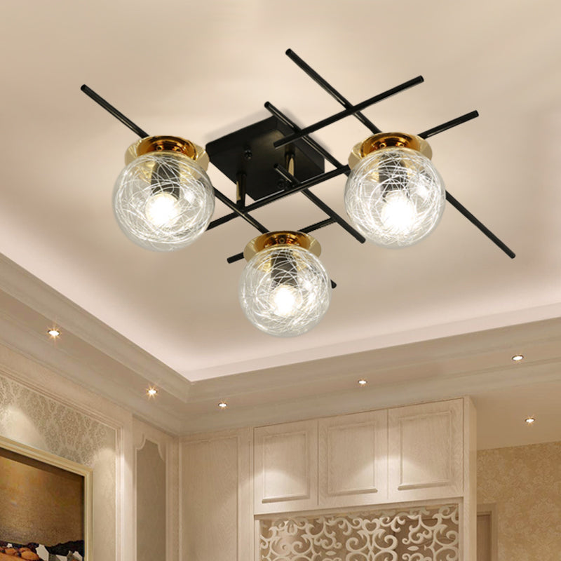 Minimal 3 Heads Semi Flush Light with Clear/Smoke Gray Glass Shade Black Ball Close to Ceiling Lamp for Bedchamber Clearhalo 'Ceiling Lights' 'Close To Ceiling Lights' 'Close to ceiling' 'Glass shade' 'Glass' 'Island Lights' 'Semi-flushmount' Lighting' 1865606