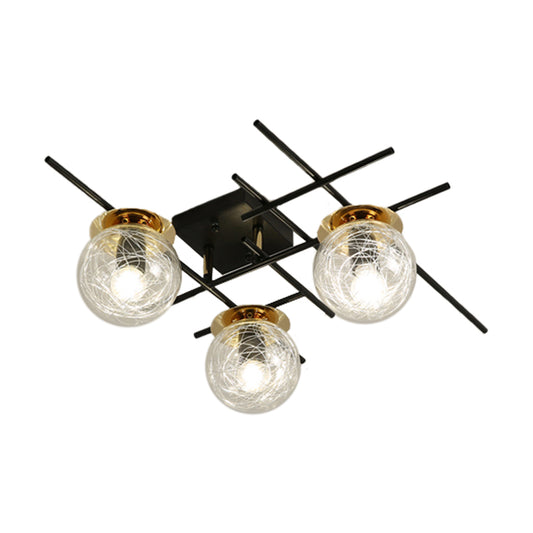 Minimal 3 Heads Semi Flush Light with Clear/Smoke Gray Glass Shade Black Ball Close to Ceiling Lamp for Bedchamber Clearhalo 'Ceiling Lights' 'Close To Ceiling Lights' 'Close to ceiling' 'Glass shade' 'Glass' 'Island Lights' 'Semi-flushmount' Lighting' 1865607