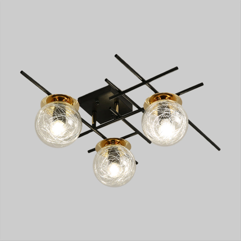 Minimal 3 Heads Semi Flush Light with Clear/Smoke Gray Glass Shade Black Ball Close to Ceiling Lamp for Bedchamber Clearhalo 'Ceiling Lights' 'Close To Ceiling Lights' 'Close to ceiling' 'Glass shade' 'Glass' 'Island Lights' 'Semi-flushmount' Lighting' 1865608