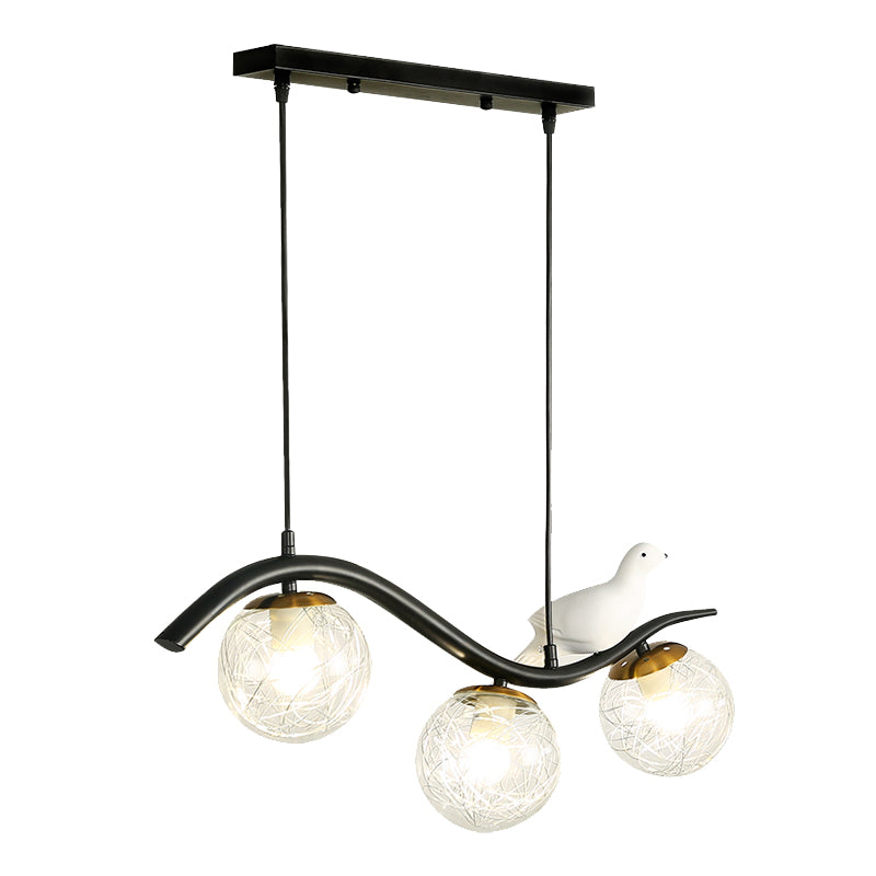 Ball Shade Hanging Lamp Kit Modernism Clear/White Glass 3 Heads Black Island Lighting with Pigeon Decor Clearhalo 'Ceiling Lights' 'Close To Ceiling Lights' 'Glass shade' 'Glass' 'Island Lights' Lighting' 1865751