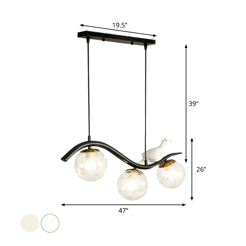 Ball Shade Hanging Lamp Kit Modernism Clear/White Glass 3 Heads Black Island Lighting with Pigeon Decor Clearhalo 'Ceiling Lights' 'Close To Ceiling Lights' 'Glass shade' 'Glass' 'Island Lights' Lighting' 1865753
