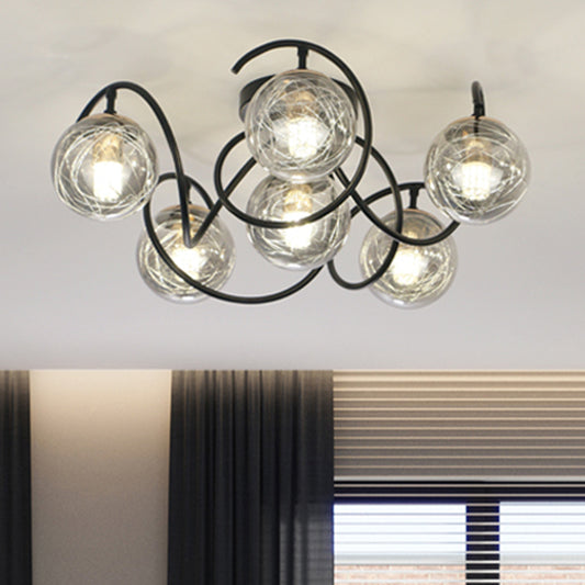 6 Bulbs Drawing Room Ceiling Lamp Simple Black Semi Flush Mount with Global Clear/Smoke Gray Glass Shade Smoke Gray Clearhalo 'Ceiling Lights' 'Close To Ceiling Lights' 'Close to ceiling' 'Glass shade' 'Glass' 'Semi-flushmount' Lighting' 1865758