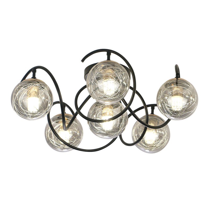6 Bulbs Drawing Room Ceiling Lamp Simple Black Semi Flush Mount with Global Clear/Smoke Gray Glass Shade Clearhalo 'Ceiling Lights' 'Close To Ceiling Lights' 'Close to ceiling' 'Glass shade' 'Glass' 'Semi-flushmount' Lighting' 1865759