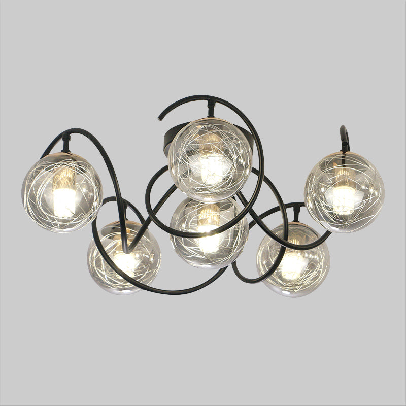 6 Bulbs Drawing Room Ceiling Lamp Simple Black Semi Flush Mount with Global Clear/Smoke Gray Glass Shade Clearhalo 'Ceiling Lights' 'Close To Ceiling Lights' 'Close to ceiling' 'Glass shade' 'Glass' 'Semi-flushmount' Lighting' 1865760