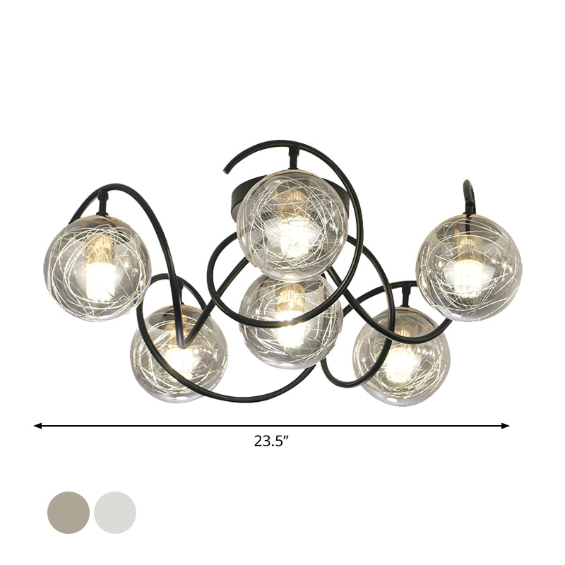 6 Bulbs Drawing Room Ceiling Lamp Simple Black Semi Flush Mount with Global Clear/Smoke Gray Glass Shade Clearhalo 'Ceiling Lights' 'Close To Ceiling Lights' 'Close to ceiling' 'Glass shade' 'Glass' 'Semi-flushmount' Lighting' 1865761