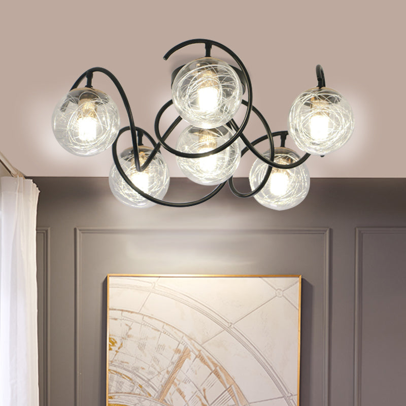 6 Bulbs Drawing Room Ceiling Lamp Simple Black Semi Flush Mount with Global Clear/Smoke Gray Glass Shade Clear Clearhalo 'Ceiling Lights' 'Close To Ceiling Lights' 'Close to ceiling' 'Glass shade' 'Glass' 'Semi-flushmount' Lighting' 1865762