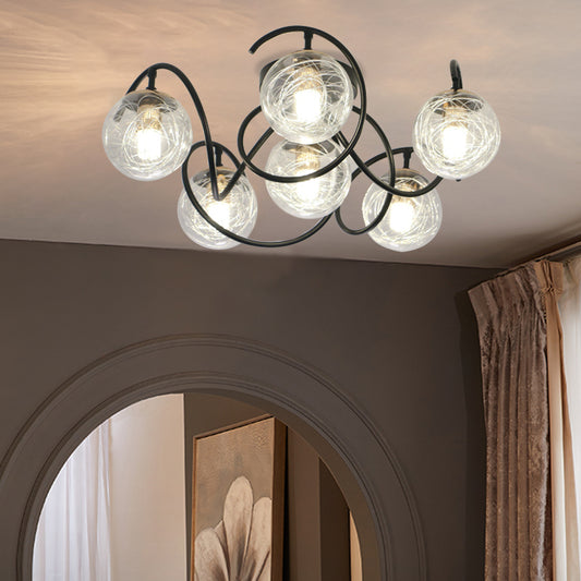 6 Bulbs Drawing Room Ceiling Lamp Simple Black Semi Flush Mount with Global Clear/Smoke Gray Glass Shade Clearhalo 'Ceiling Lights' 'Close To Ceiling Lights' 'Close to ceiling' 'Glass shade' 'Glass' 'Semi-flushmount' Lighting' 1865763