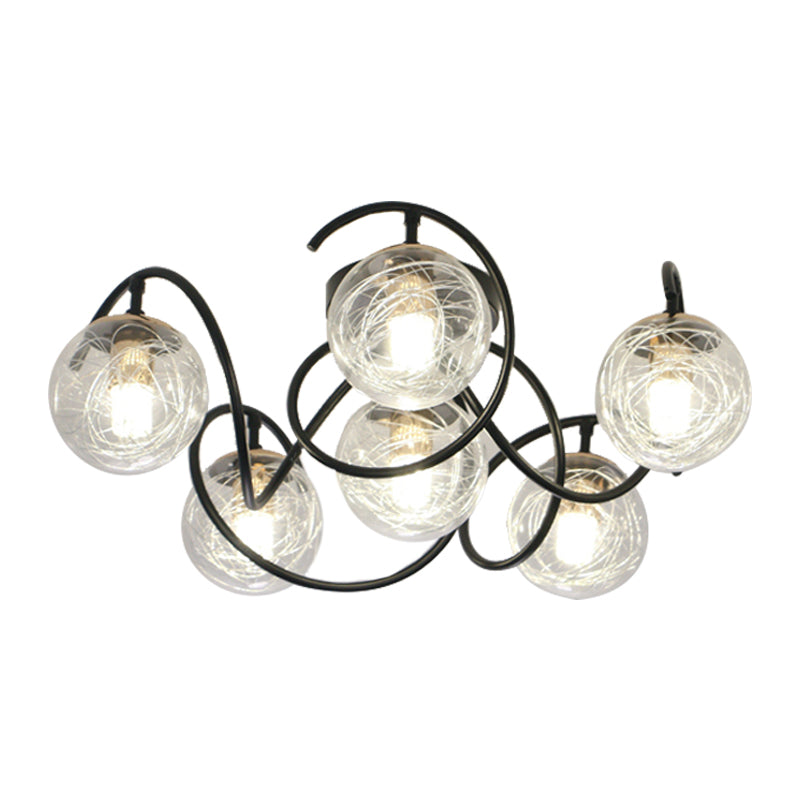 6 Bulbs Drawing Room Ceiling Lamp Simple Black Semi Flush Mount with Global Clear/Smoke Gray Glass Shade Clearhalo 'Ceiling Lights' 'Close To Ceiling Lights' 'Close to ceiling' 'Glass shade' 'Glass' 'Semi-flushmount' Lighting' 1865764