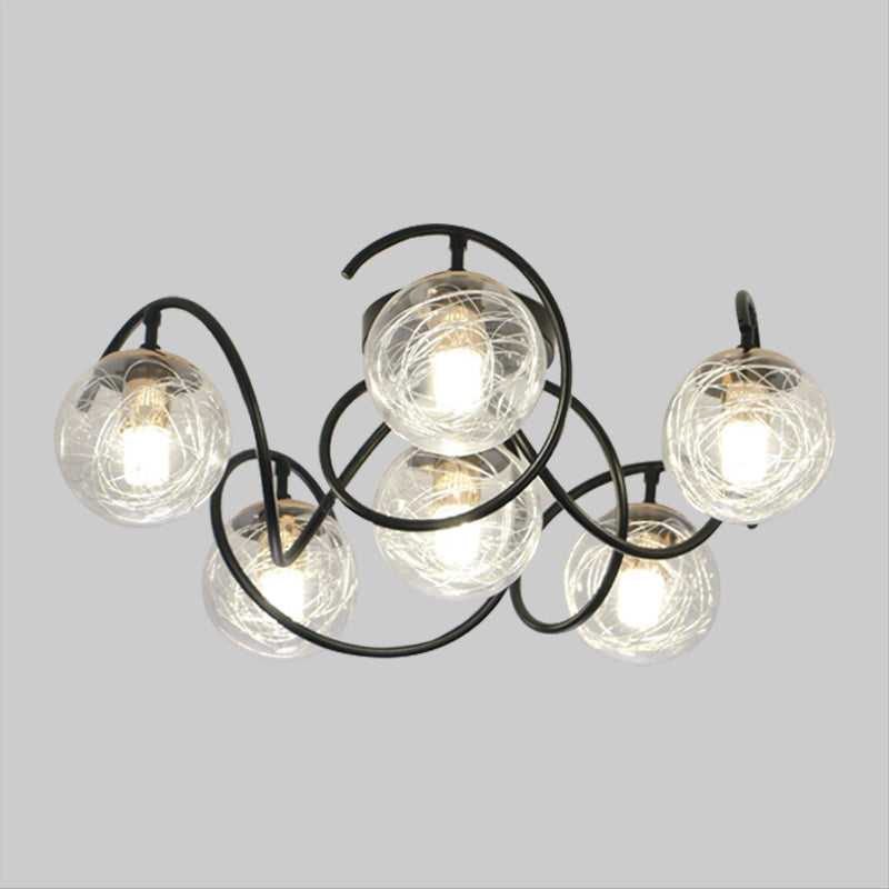 6 Bulbs Drawing Room Ceiling Lamp Simple Black Semi Flush Mount with Global Clear/Smoke Gray Glass Shade Clearhalo 'Ceiling Lights' 'Close To Ceiling Lights' 'Close to ceiling' 'Glass shade' 'Glass' 'Semi-flushmount' Lighting' 1865765