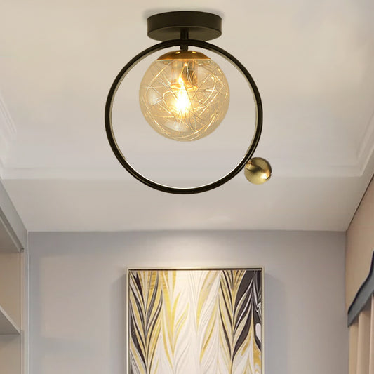 Spherical Semi Flush Light Contemporary Clear Glass Single Bulb Black Ceiling Mounted Fixture with Globe/Bird Decor Black Globe Clearhalo 'Ceiling Lights' 'Close To Ceiling Lights' 'Close to ceiling' 'Glass shade' 'Glass' 'Pendant Lights' 'Semi-flushmount' Lighting' 1865782