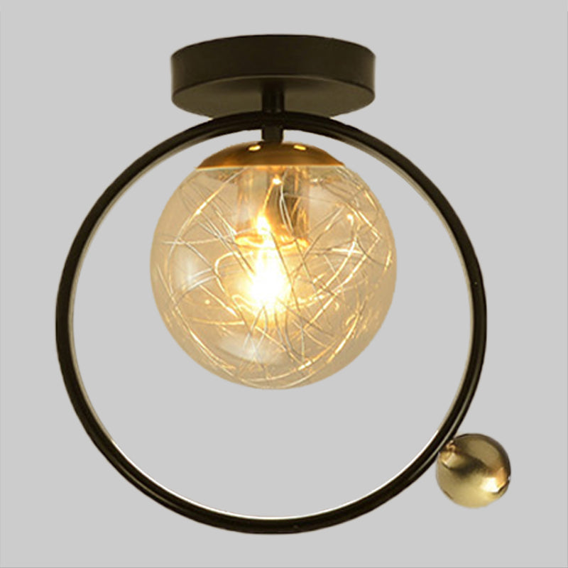 Spherical Semi Flush Light Contemporary Clear Glass Single Bulb Black Ceiling Mounted Fixture with Globe/Bird Decor Clearhalo 'Ceiling Lights' 'Close To Ceiling Lights' 'Close to ceiling' 'Glass shade' 'Glass' 'Pendant Lights' 'Semi-flushmount' Lighting' 1865784