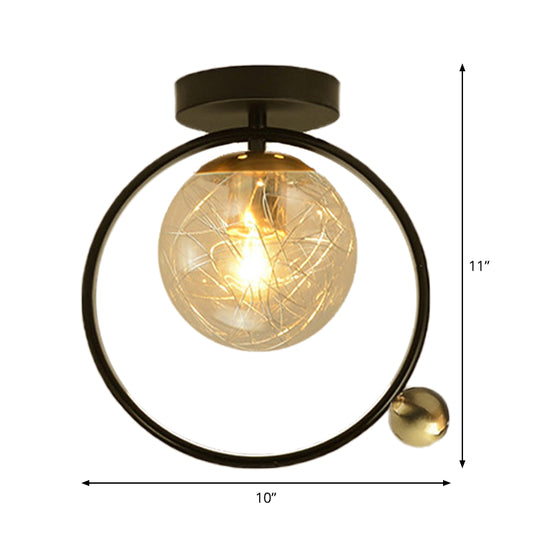Spherical Semi Flush Light Contemporary Clear Glass Single Bulb Black Ceiling Mounted Fixture with Globe/Bird Decor Clearhalo 'Ceiling Lights' 'Close To Ceiling Lights' 'Close to ceiling' 'Glass shade' 'Glass' 'Pendant Lights' 'Semi-flushmount' Lighting' 1865785