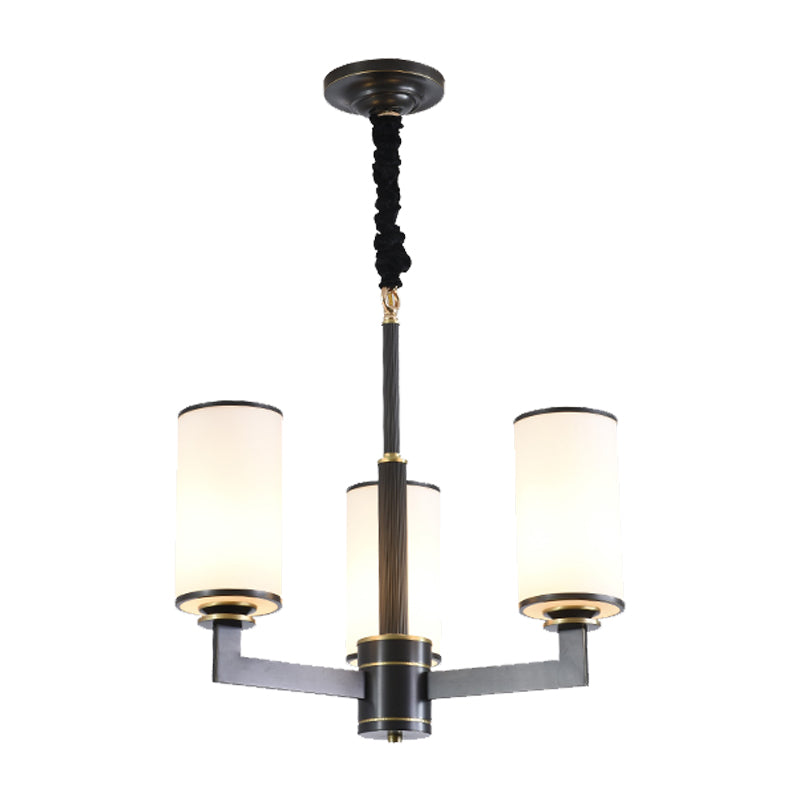 3 Heads Dinning Room Armed Chandelier Minimal Black Ceiling Hang Fixture with Cylinder Frosted White Glass Shade Clearhalo 'Ceiling Lights' 'Chandeliers' 'Modern Chandeliers' 'Modern' Lighting' 1865853