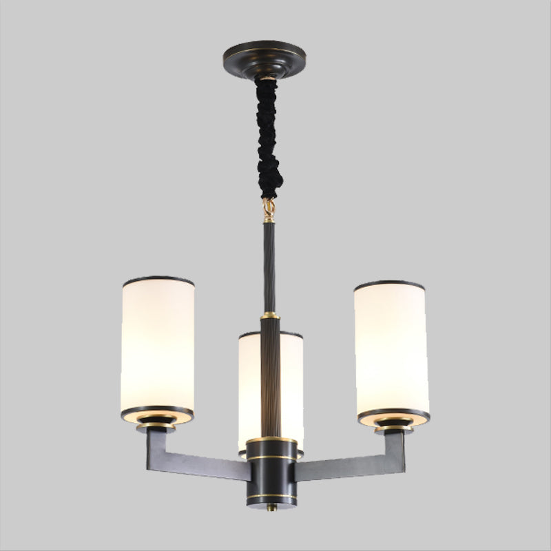 3 Heads Dinning Room Armed Chandelier Minimal Black Ceiling Hang Fixture with Cylinder Frosted White Glass Shade Clearhalo 'Ceiling Lights' 'Chandeliers' 'Modern Chandeliers' 'Modern' Lighting' 1865854