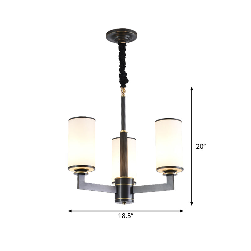 3 Heads Dinning Room Armed Chandelier Minimal Black Ceiling Hang Fixture with Cylinder Frosted White Glass Shade Clearhalo 'Ceiling Lights' 'Chandeliers' 'Modern Chandeliers' 'Modern' Lighting' 1865855