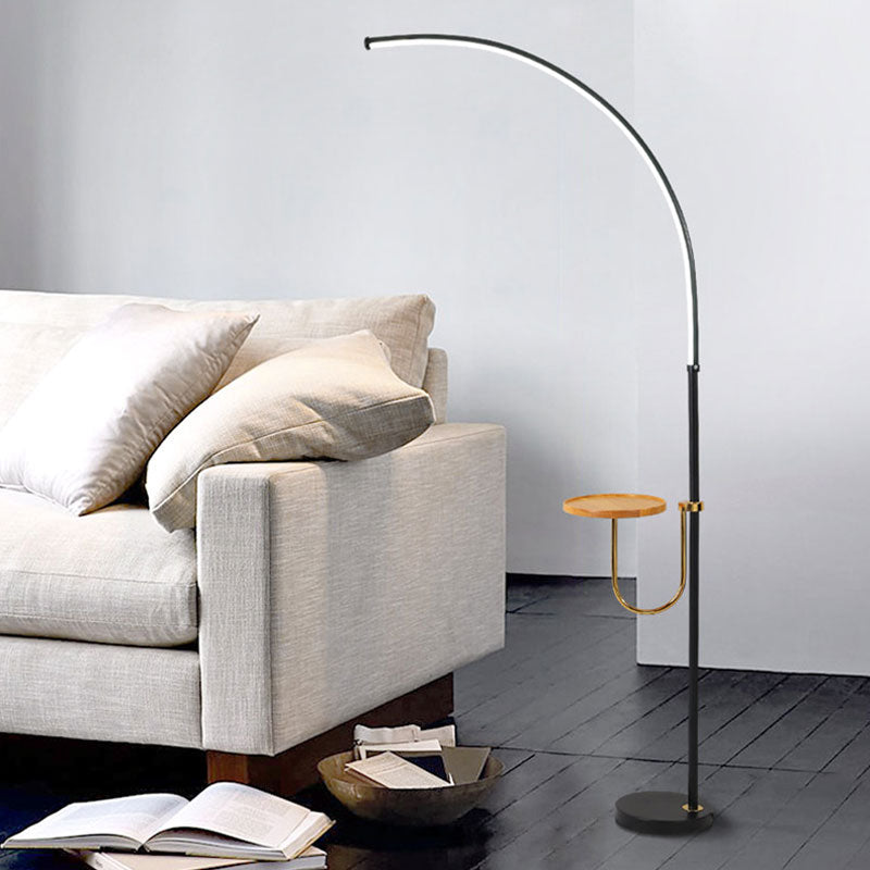 Bent Metallic Standing Lighting Contemporary LED Black Floor Lamp with Table Design in Warm/White Light Black Clearhalo 'Floor Lamps' 'Lamps' Lighting' 1865945