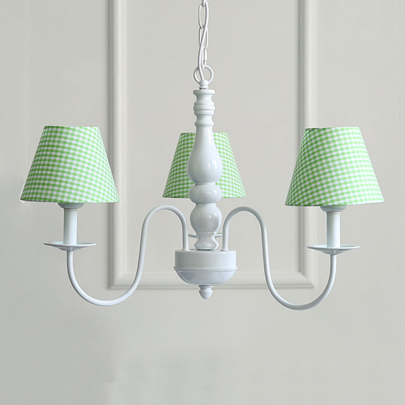 Restaurant Plaid Shade Suspension Light Fabric 3 Bulbs Nordic Stylish Kids Chandelier Green Clearhalo 'Ceiling Lights' 'Chandeliers' Lighting' options 186611_51c6cb66-9a68-413d-9f9f-1a3cdcae40cb