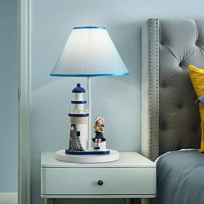 Conical Task Lighting Kids Style Fabric 1-Head Bedroom Table Light with Boy/Girl and Lighthouse Deco in Blue Blue Girl Clearhalo 'Lamps' 'Table Lamps' Lighting' 1866148