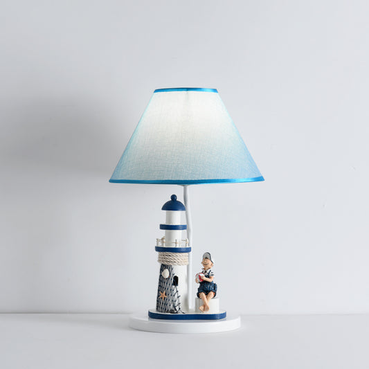 Conical Task Lighting Kids Style Fabric 1-Head Bedroom Table Light with Boy/Girl and Lighthouse Deco in Blue Clearhalo 'Lamps' 'Table Lamps' Lighting' 1866154