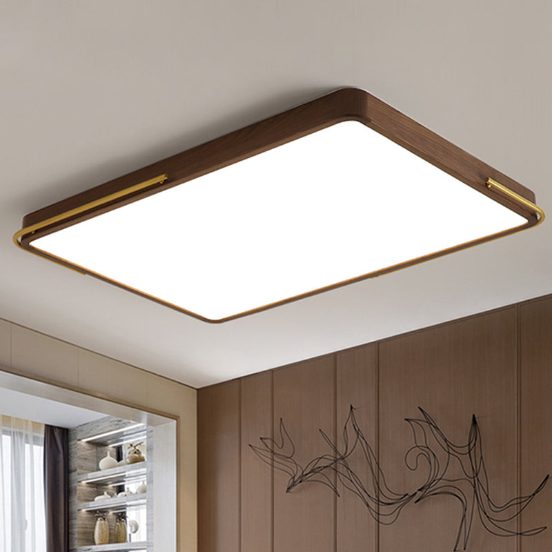 Contemporary LED Ceiling Light Brown Square/Rectangle Flush Mount Lighting with Wood Shade, 13"/19"/27" Long Brown 27" Clearhalo 'Ceiling Lights' 'Close To Ceiling Lights' 'Close to ceiling' 'Flush mount' Lighting' 1866172