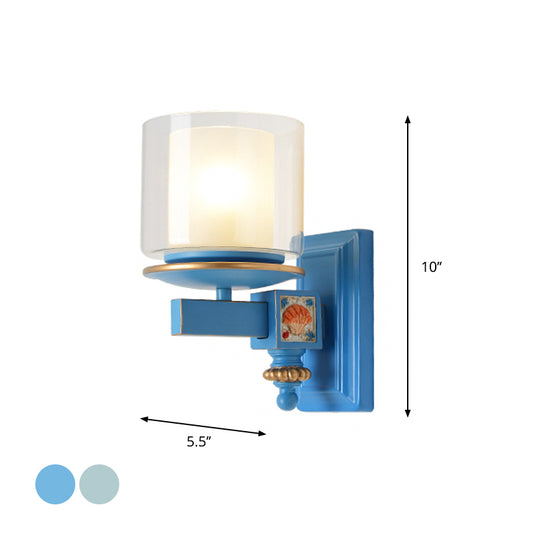 Dual Column Wall Mount Lamp Coastal Clear and Opal Glass Sky/Light Blue Wall Lighting with Resin Shell Deco Clearhalo 'Wall Lamps & Sconces' 'Wall Lights' Lighting' 1866196